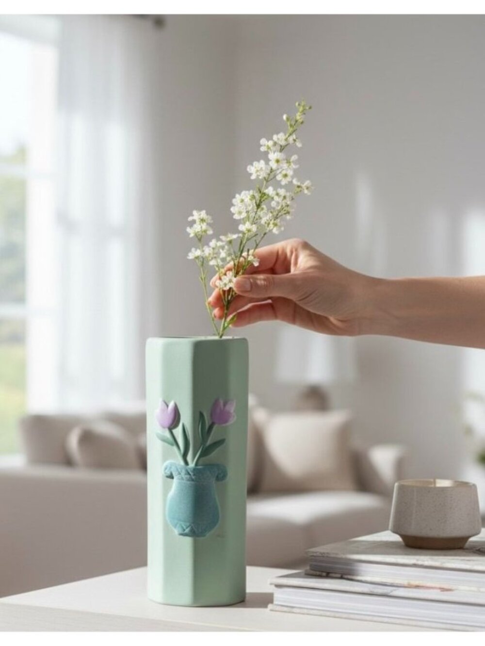 Vintage Green Ceramic Wall Pocket Vase With Tulip Relief Design
